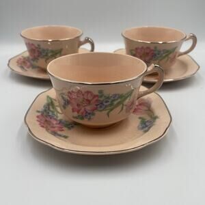 Vintage Quadro Crooksville Pink Floral Cup & Saucer set of 3 Coffee Tea
